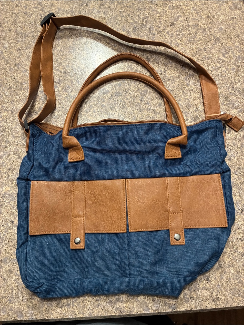 Navy Canvas Tote with Tan Faux Leather Accents